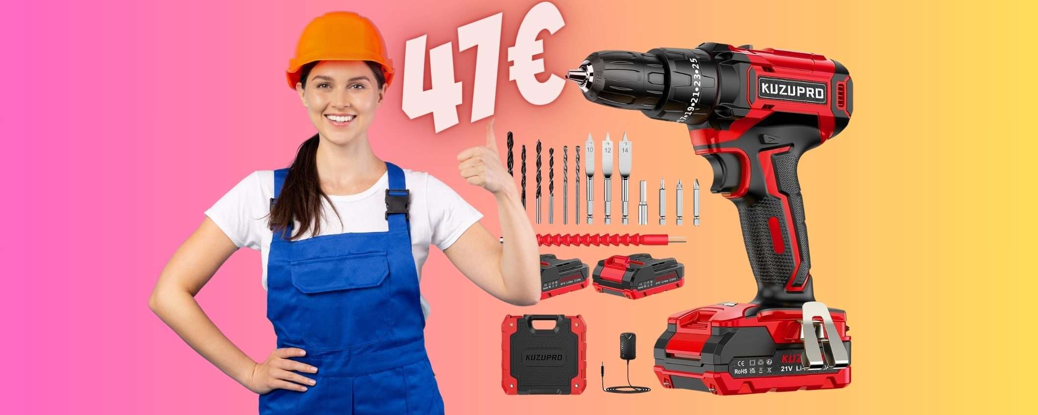 Trapano avvitatore con 2 batterie, valigetta e 14 accessori (solo 47€) Trapano avvitatore con 2 batterie, valigetta e 14 accessori (solo 47€)