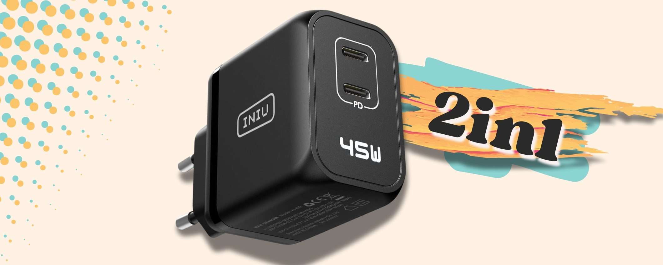 Caricabatterie USB-C da 45W: DOPPIA uscita e doppio coupon a soli 13€ Caricabatterie USB-C da 45W: DOPPIA uscita e doppio coupon a soli 13€