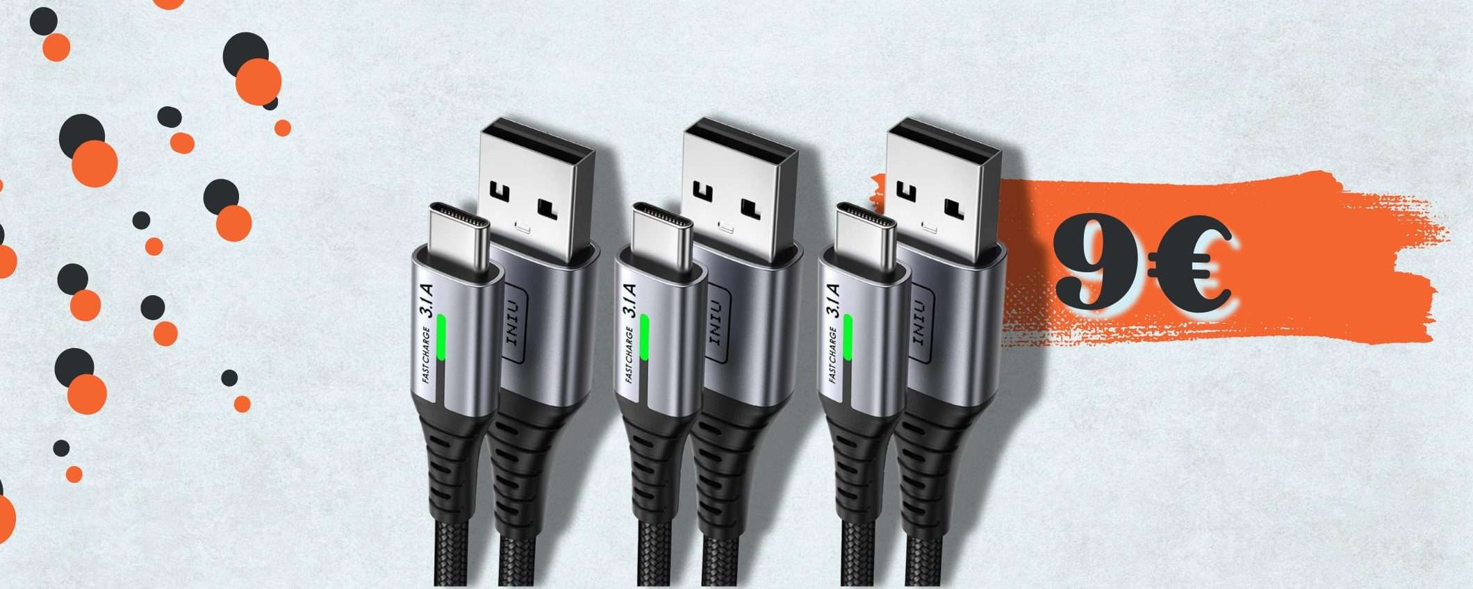 Cavi con uscita USB C, 3 pezzi resistenti e per ricarica VELOCE a soli 9€ Cavi con uscita USB C, 3 pezzi resistenti e per ricarica VELOCE a soli 9€