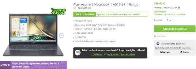 acer aspire 5 con 300 euro di sconto