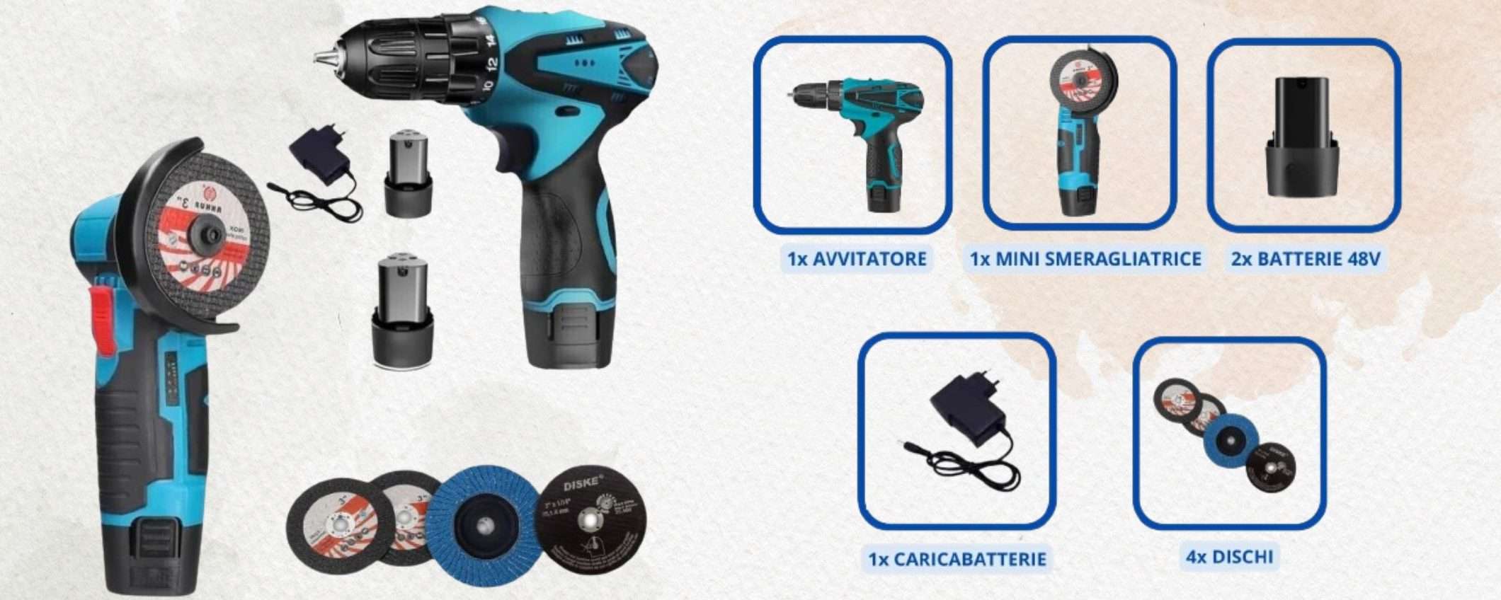 Trapano avvitatore e smerigliatrice: kit COMPLETO a prezzo SHOCK (51€)