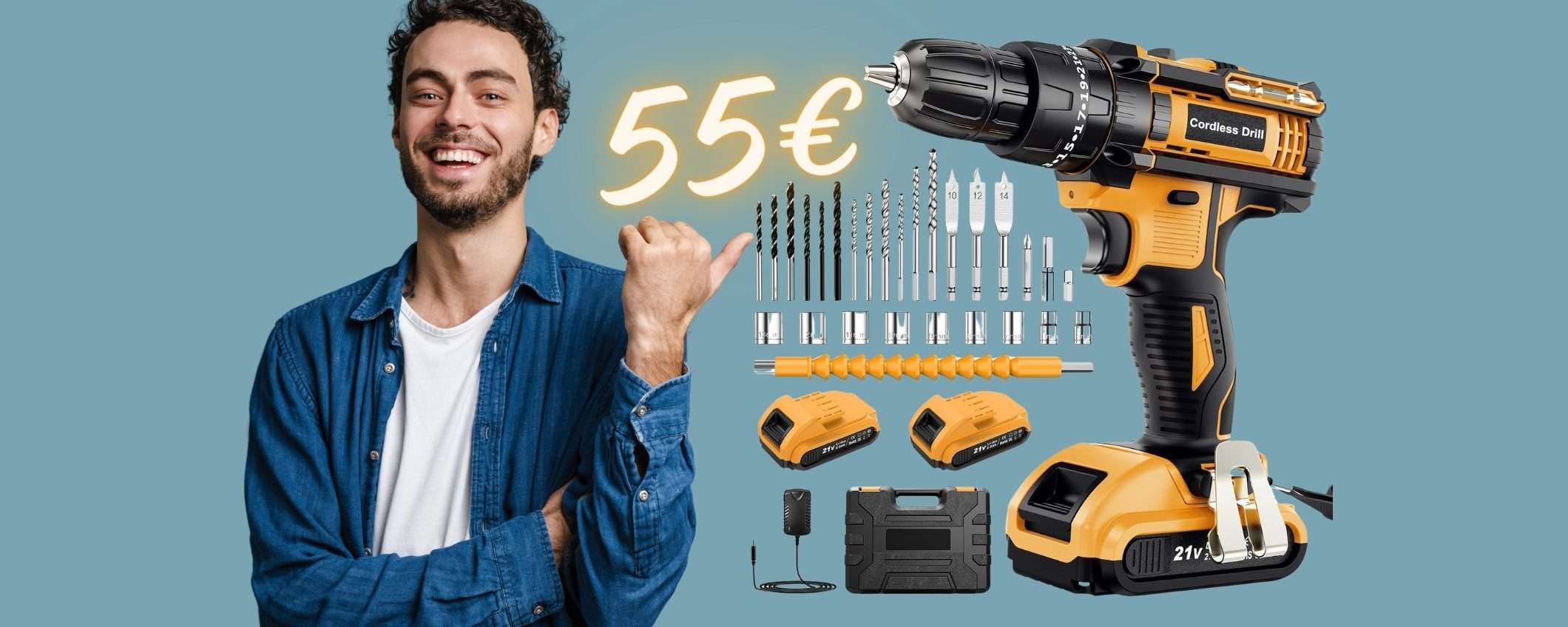 Trapano avvitatore con 2 batterie e valigetta con accessori tuo a 55€ Trapano avvitatore con 2 batterie e valigetta con accessori tuo a 55€