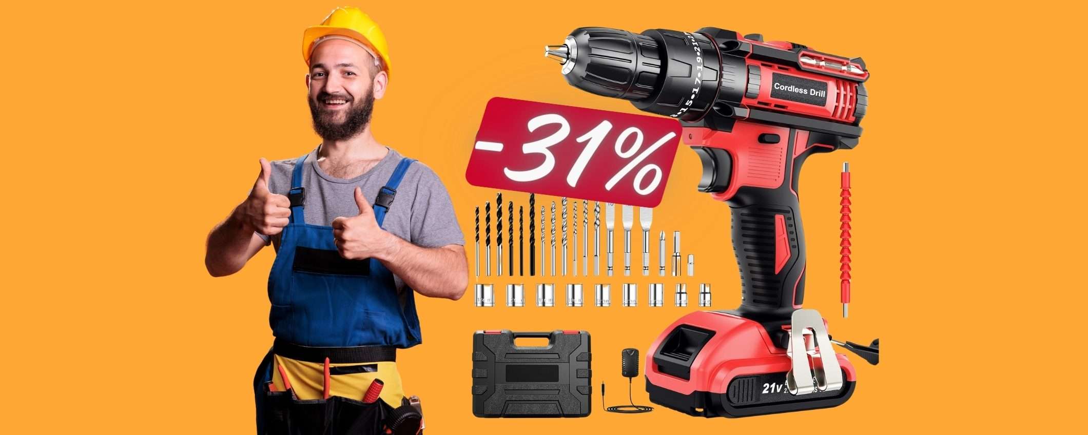 Trapano avvitatore PAZZESCO con 2 batterie e tanti ACCESSORI (-31%)