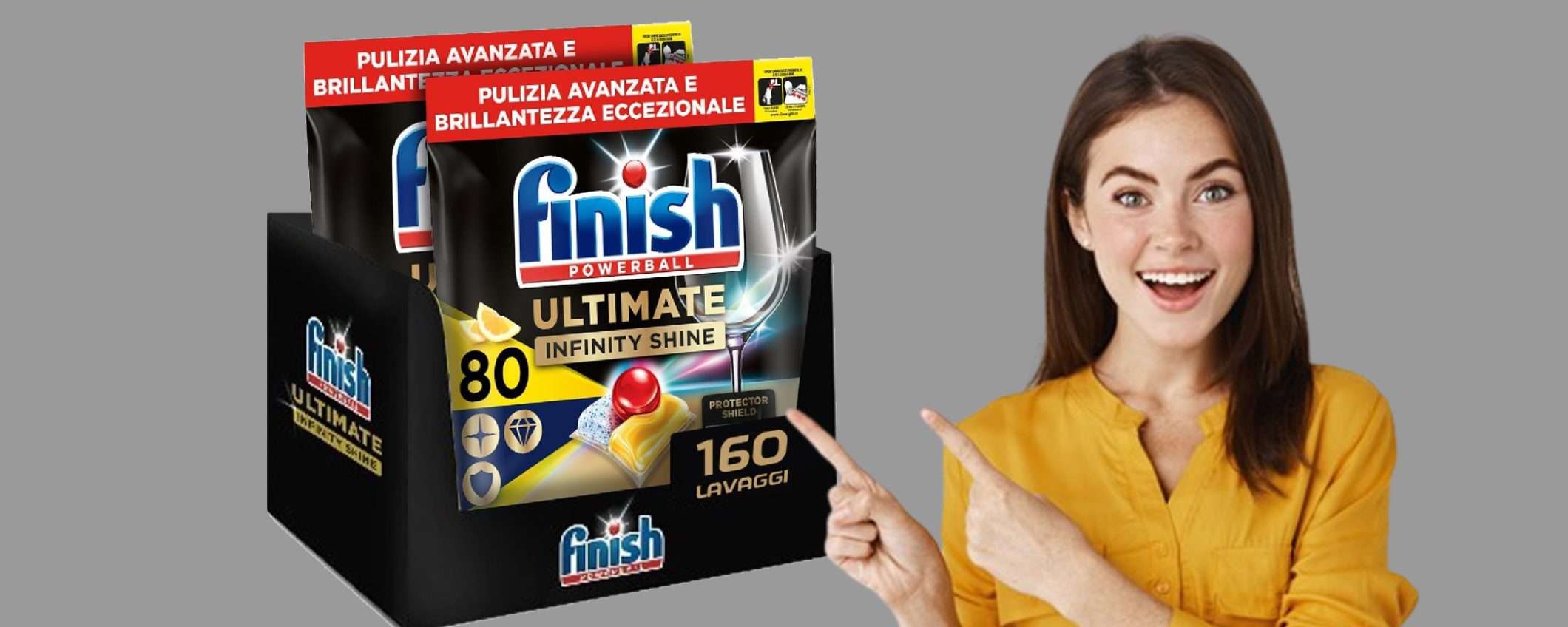 Finish Ultimate (160 capsule), offerta a tempo WOW: 0,19€ a pastiglia Finish Ultimate (160 capsule), offerta a tempo WOW: 0,19€ a pastiglia