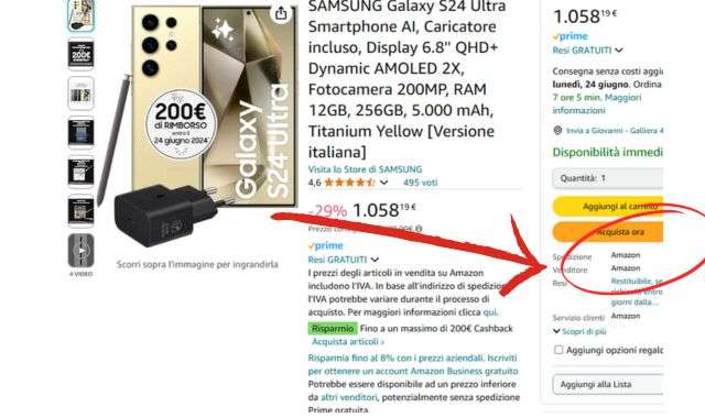 Samsung Galaxy S24 Ultra venduto spedito Amazon