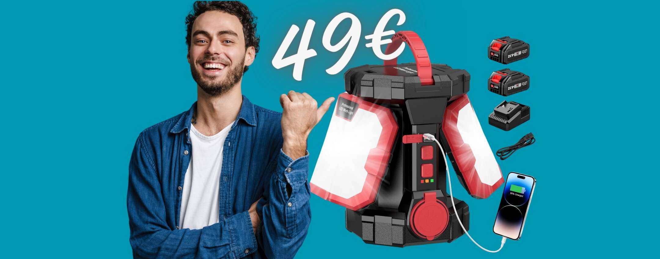 Batteria Portatile Ricaricabile 12V Con USB Per Faretti E Torce - Alluminio
