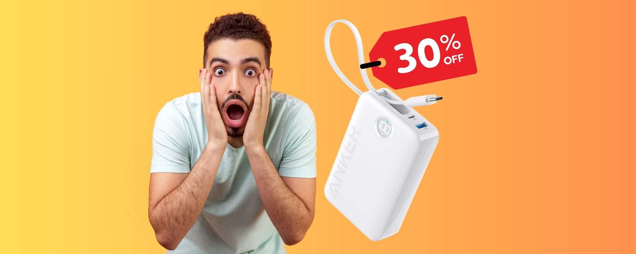 Power Bank da 20000 mAh con cavo integrato e 2 porte in SCONTO del 30% Power Bank da 20000 mAh con cavo integrato e 2 porte in SCONTO del 30%