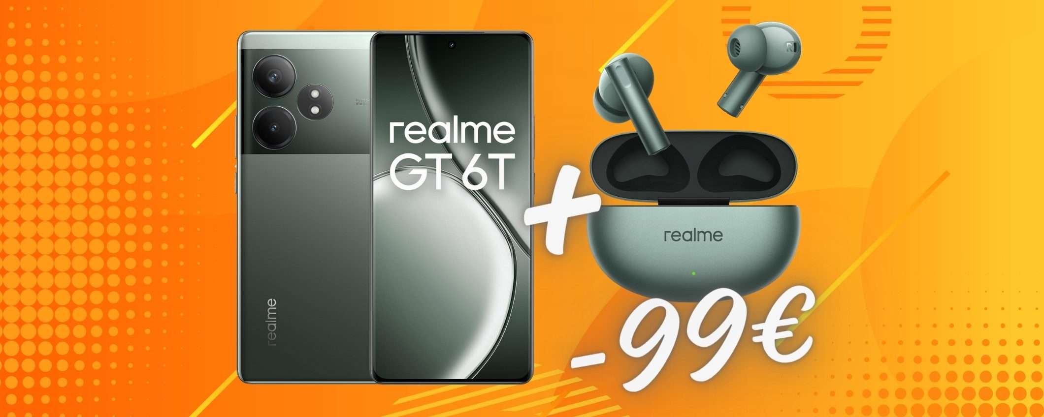 Realme GT 6T (8/256GB) + auricolari wireless Buds Air 6 a 99€ in MENO Realme GT 6T (8/256GB) + auricolari wireless Buds Air 6 a 99€ in MENO