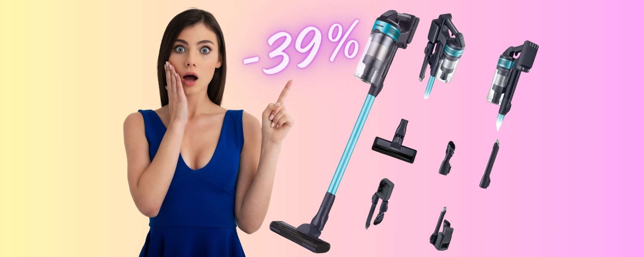 Samsung Jet 60 Turbo: aspirapolvere senza fili da 150W accessoriata (-39%) Samsung Jet 60 Turbo: aspirapolvere senza fili da 150W accessoriata (-39%)