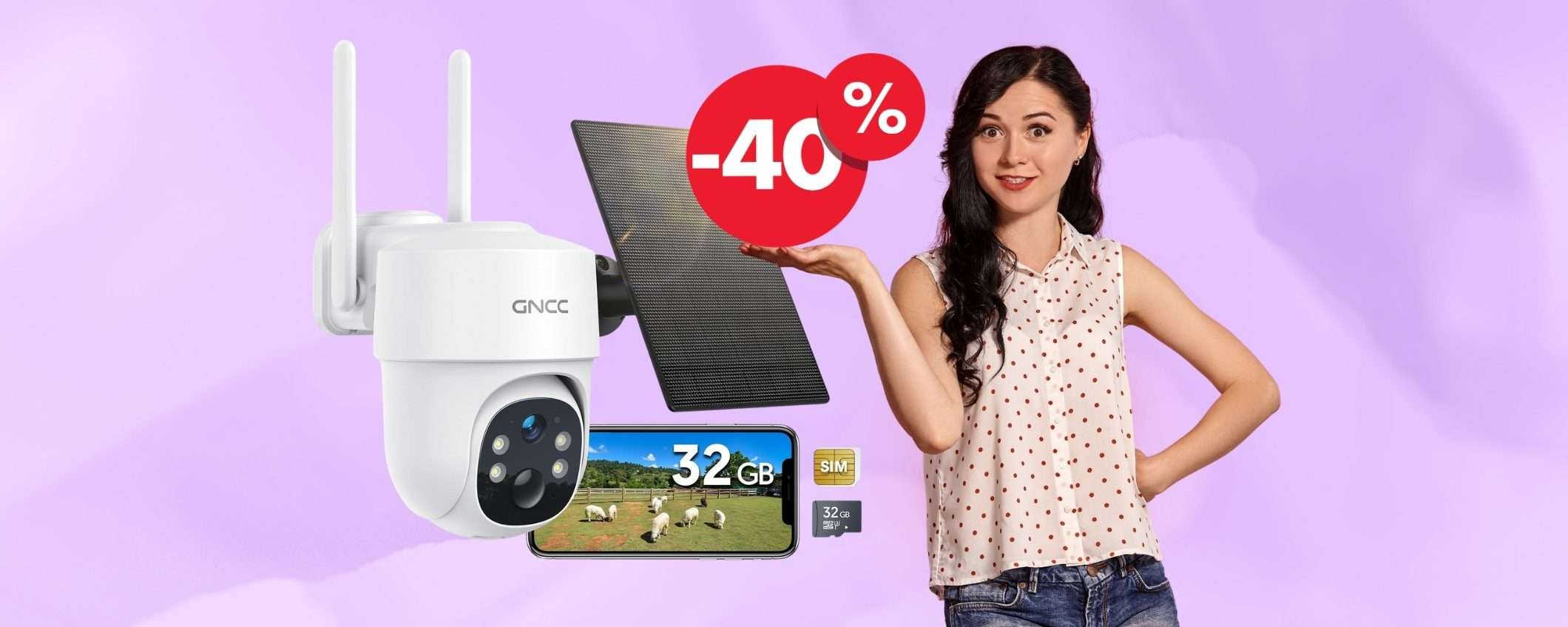 Telecamera di sicurezza con pannello solare e sensore di movimento (-40%)