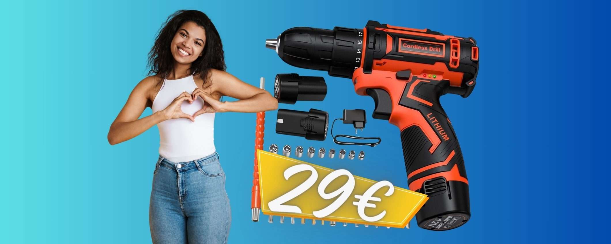 Trapano avvitatore con 2 batterie e accessori in DOPPIO SCONTO (29€) Trapano avvitatore con 2 batterie e accessori in DOPPIO SCONTO (29€)