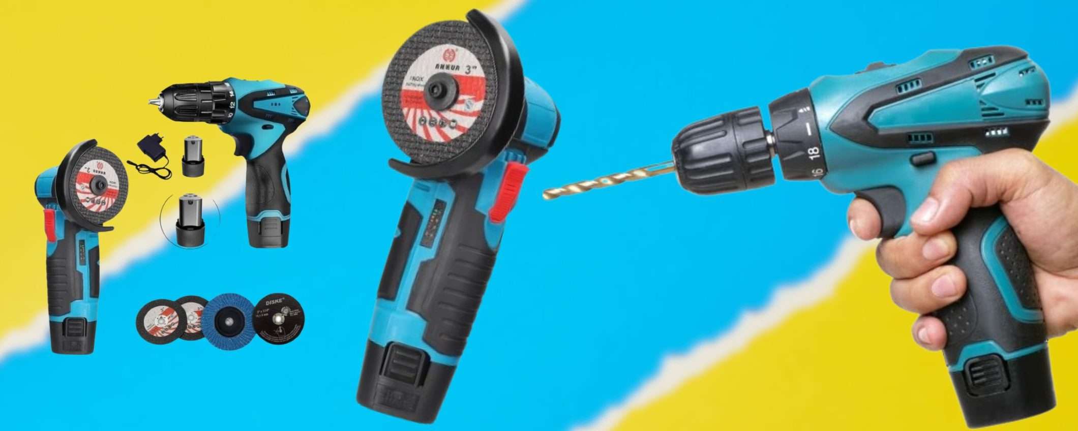 Solo 51€: MEGA KIT trapano avvitatore, smerigliatrice, batterie e accessori Solo 51€: MEGA KIT trapano avvitatore, smerigliatrice, batterie e accessori