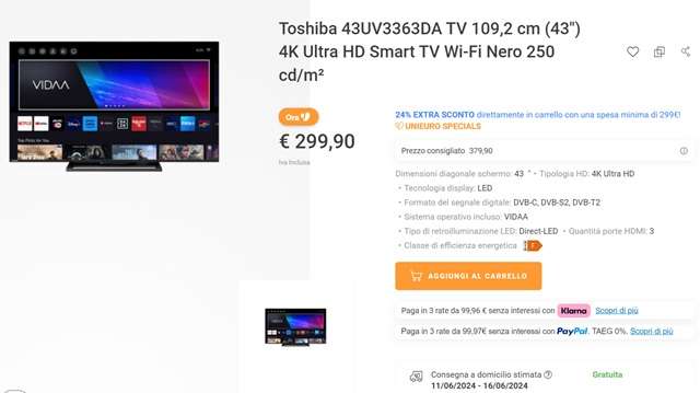 tv toshiba 43 pollici 228 euro unieuro