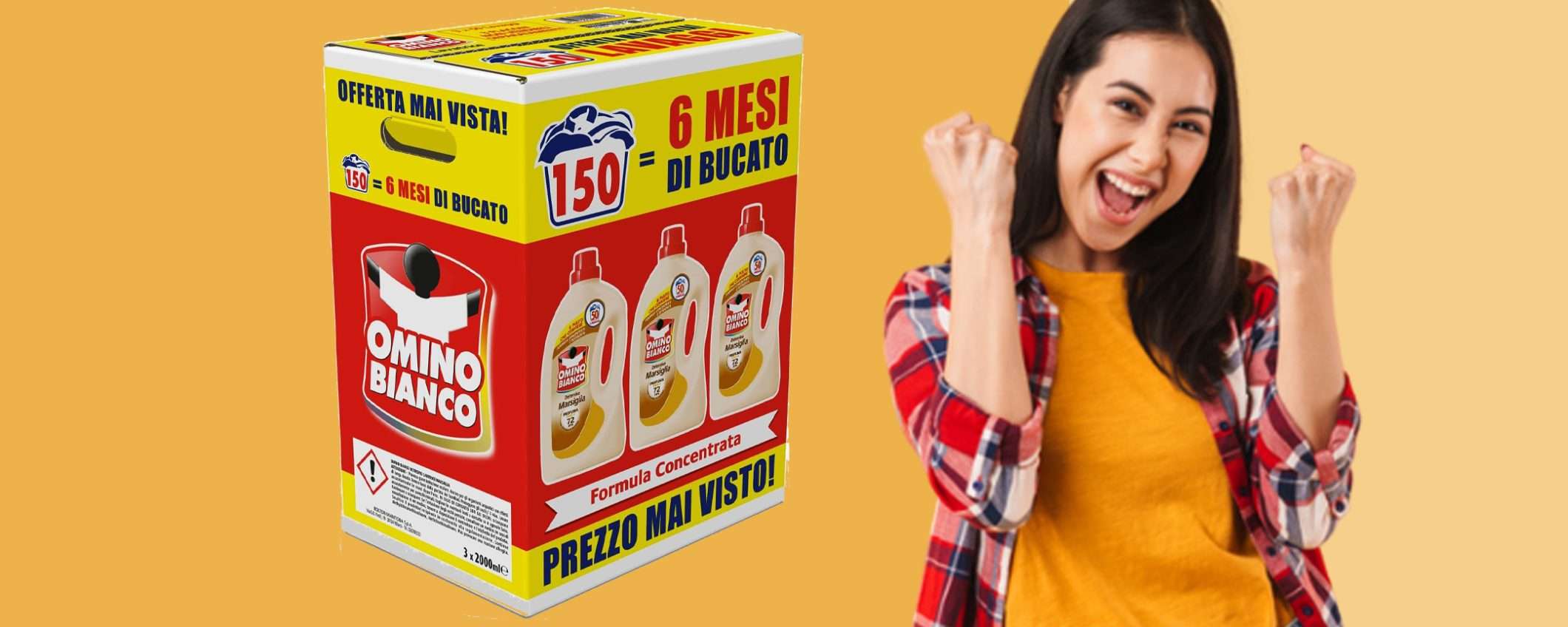 Detersivo lavatrice Omino Bianco (150 lavaggi): sconto WOW del 29% Detersivo lavatrice Omino Bianco (150 lavaggi): sconto WOW del 29%
