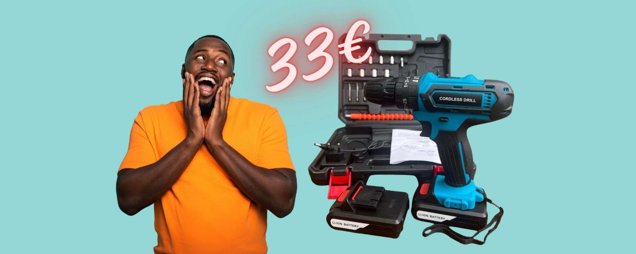 Trapano avvitatore a batteria con percussione e accessori? Ti bastano 33€ Trapano avvitatore a batteria con percussione e accessori? Ti bastano 33€