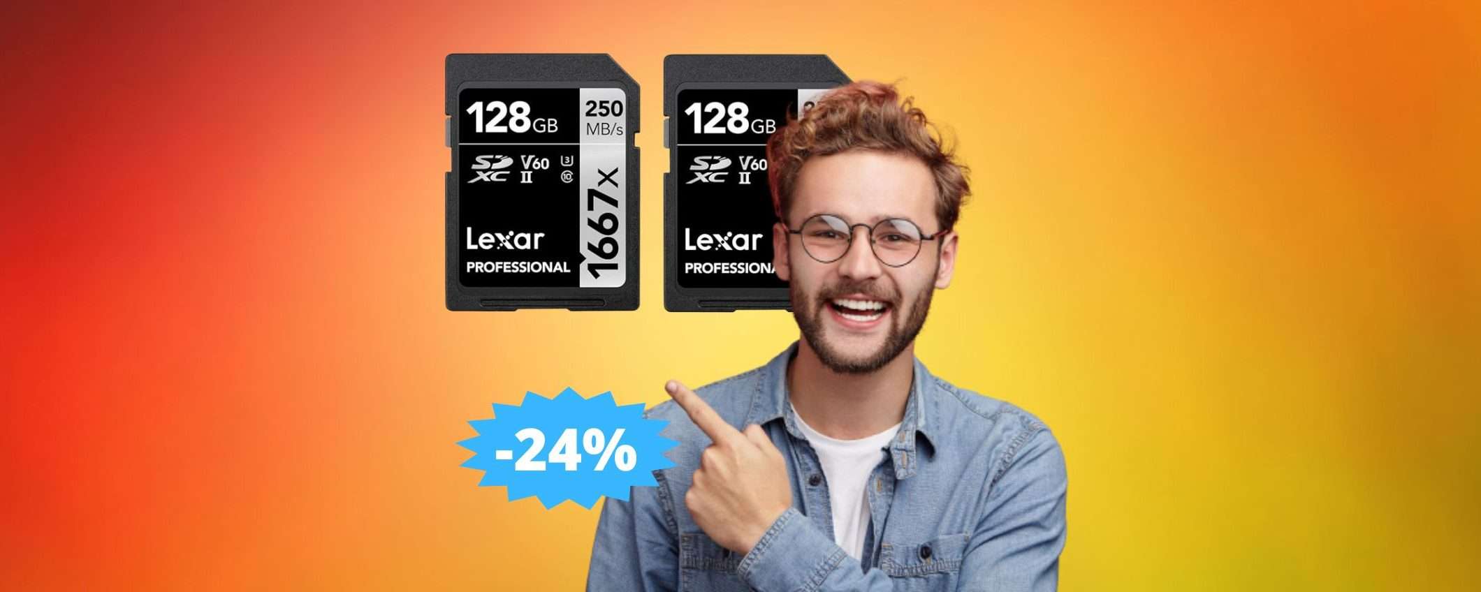 Schede SD Lexar Professional da 128 GB (x2): sconto EPICO del 24% Schede SD Lexar Professional da 128 GB (x2): sconto EPICO del 24%