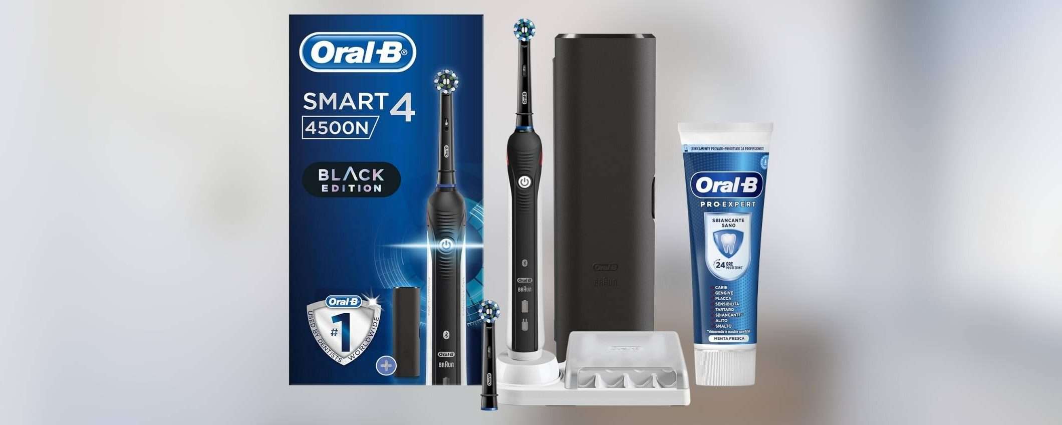 Spazzolino elettrico Oral-B con accessori e dentrificio sbiancante in maxi sconto (-55%) Spazzolino elettrico Oral-B con accessori e dentrificio sbiancante in maxi sconto (-55%)