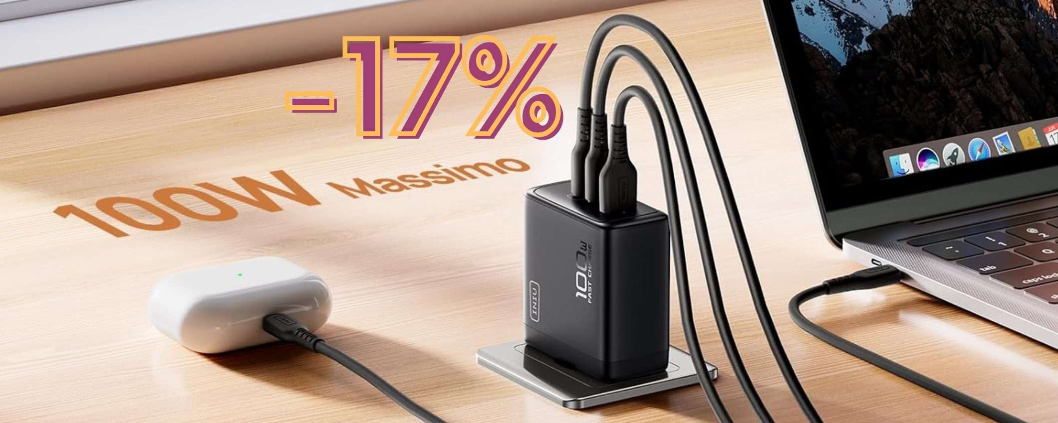 Caricatore da 100W che ricarica fino a 3 dispositivi contemporaneamente Caricatore da 100W che ricarica fino a 3 dispositivi contemporaneamente