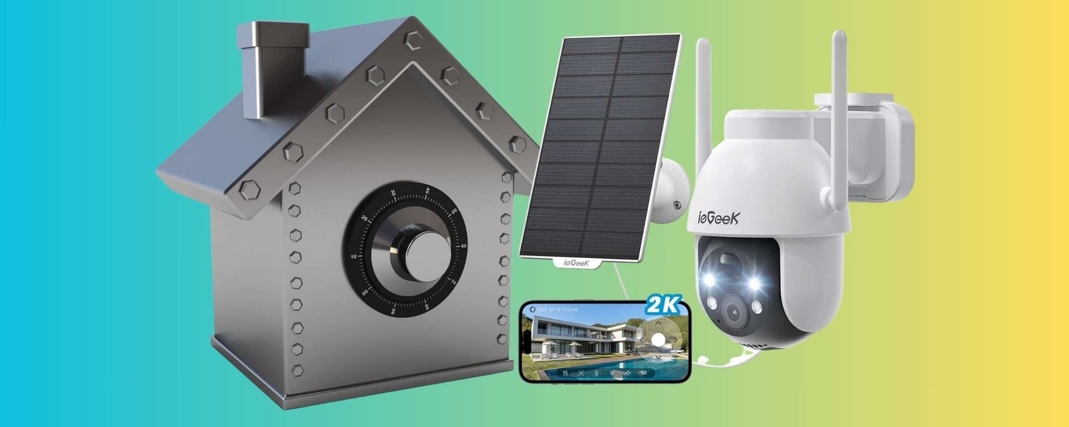 Casa sicura con la telecamera WiFi ieGeek dotata di pannello solare Casa sicura con la telecamera WiFi ieGeek dotata di pannello solare