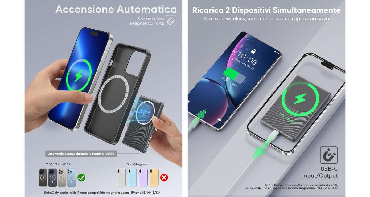 Power Bank Wireless Magnetico Ultra Sottile 5000mAh – Ricarica Veloce Per IPhone 17/16/15/14/13/12, Compatibile Anche Con Android Via Cavo USB-C
