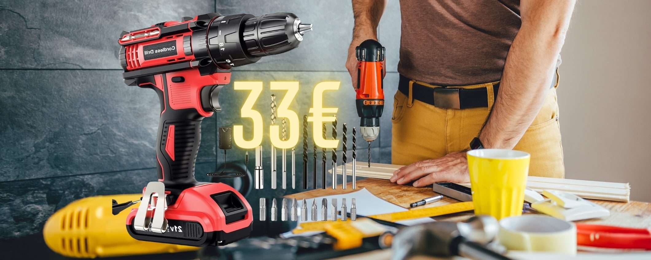 Trapano avvitatore a batteria con accessori per ogni esigenza a 33€ Trapano avvitatore a batteria con accessori per ogni esigenza a 33€