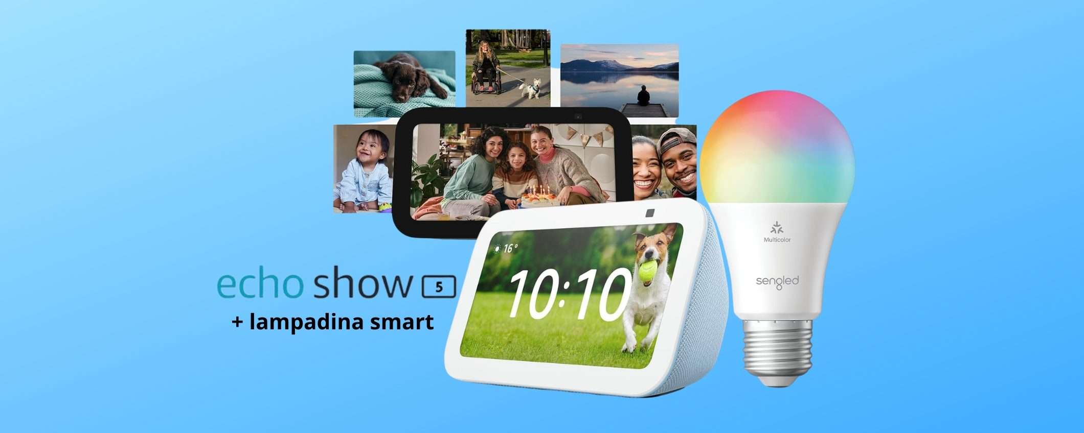 Echo Show 5 + Lampadina smart colorata: il kit base per casa intelligente Echo Show 5 + Lampadina smart colorata: il kit base per casa intelligente