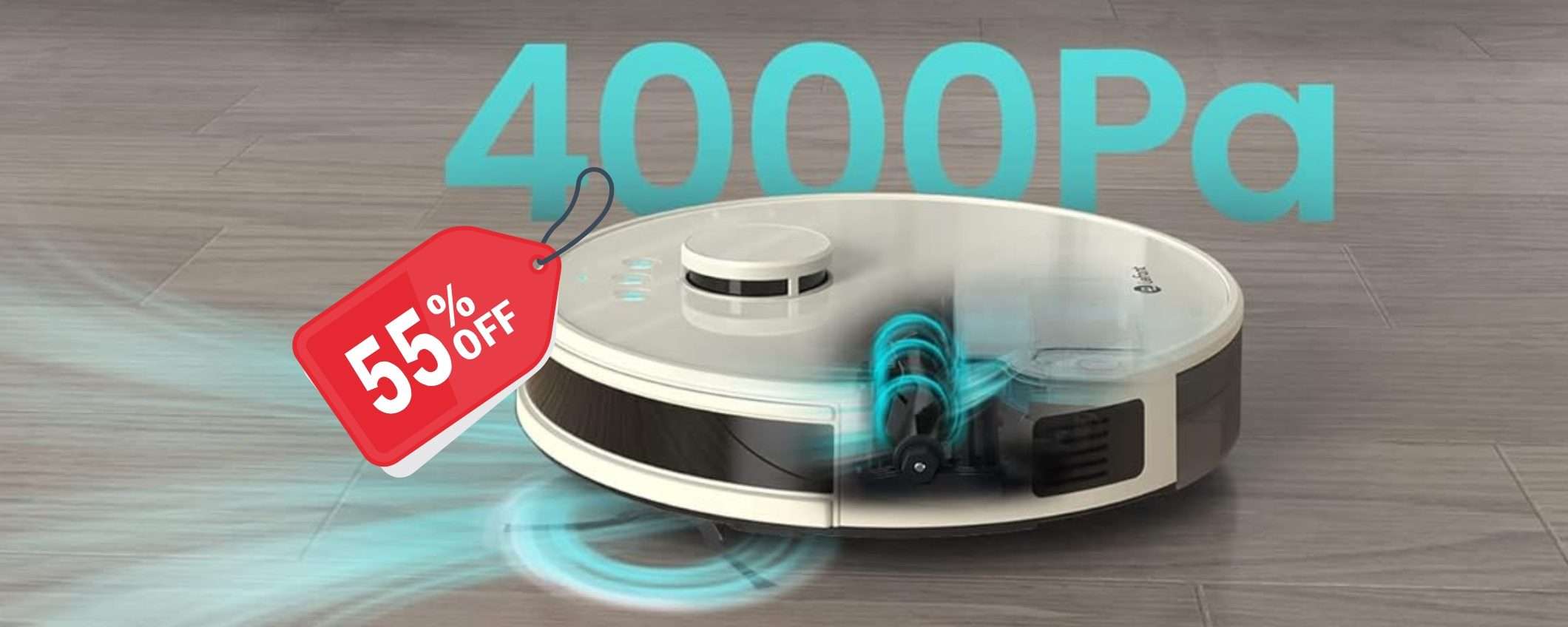 Robot aspirapolvere/lavapavimenti con potenza da 4000Pa al 55% in meno Robot aspirapolvere/lavapavimenti con potenza da 4000Pa al 55% in meno