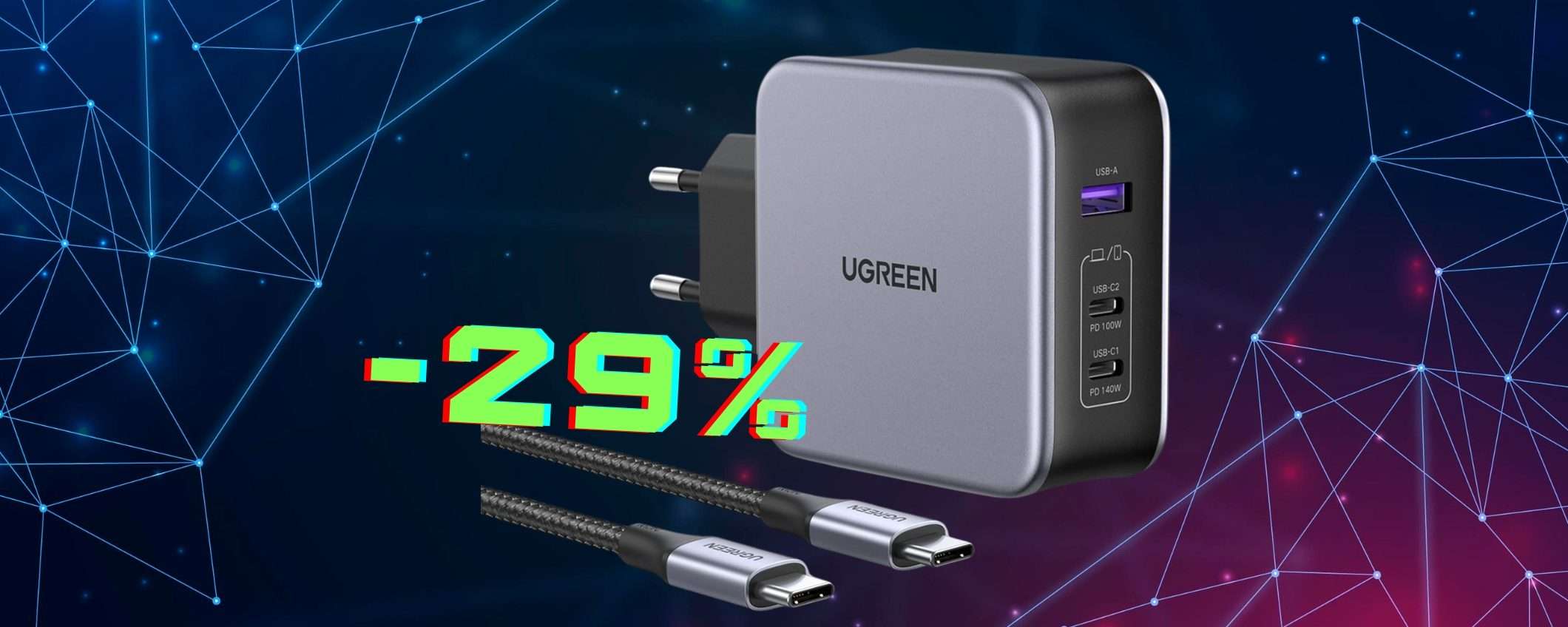 Caricatore USB con potenza sbalorditiva da ben 140W e 3 uscite veloci Caricatore USB con potenza sbalorditiva da ben 140W e 3 uscite veloci