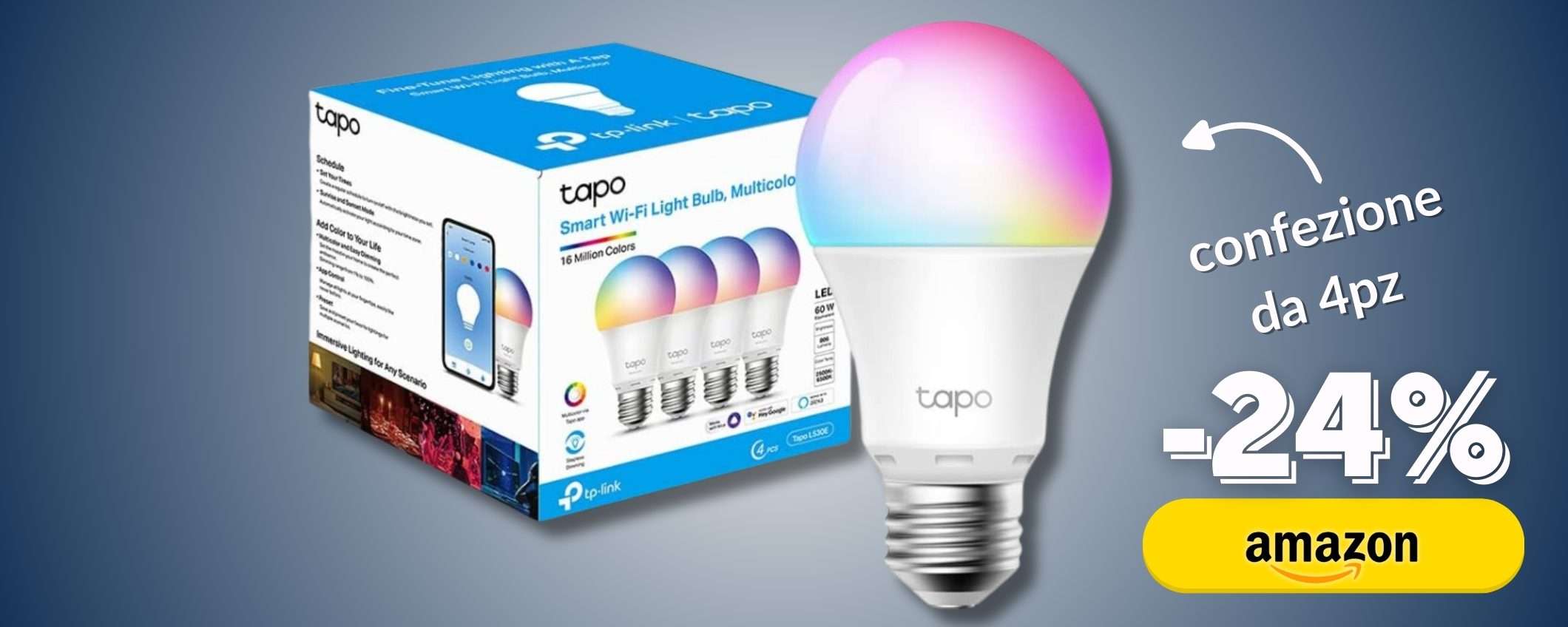 Lampadina LED E27: multicolor e in confezione da 4pz per casa smart Lampadina LED E27: multicolor e in confezione da 4pz per casa smart