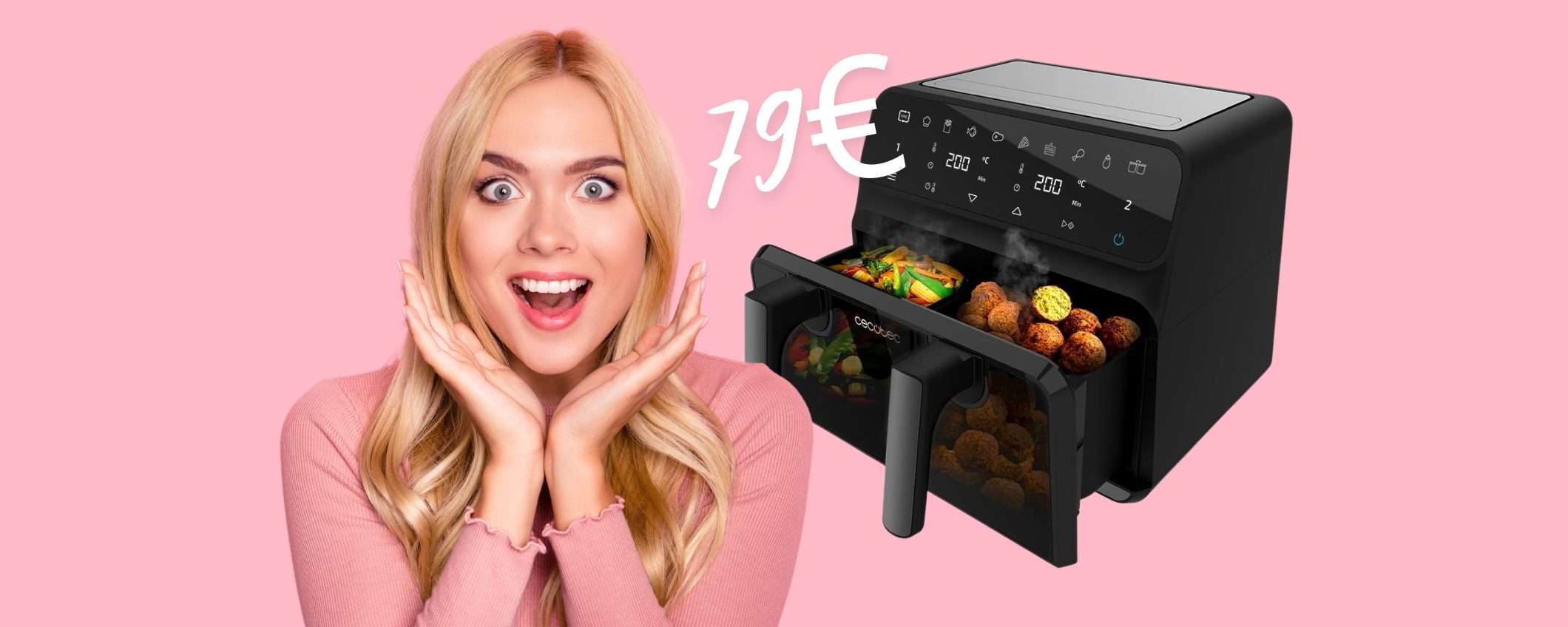 Friggitrice ad aria Cecotec con doppio cestello e capacità da 9L (79€) Friggitrice ad aria Cecotec con doppio cestello e capacità da 9L (79€)