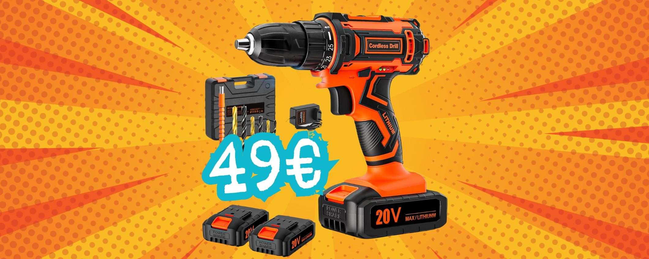 Solo 49€ per questo Trapano Avvitatore a batteria con tanti accessori e valigetta Solo 49€ per questo Trapano Avvitatore a batteria con tanti accessori e valigetta