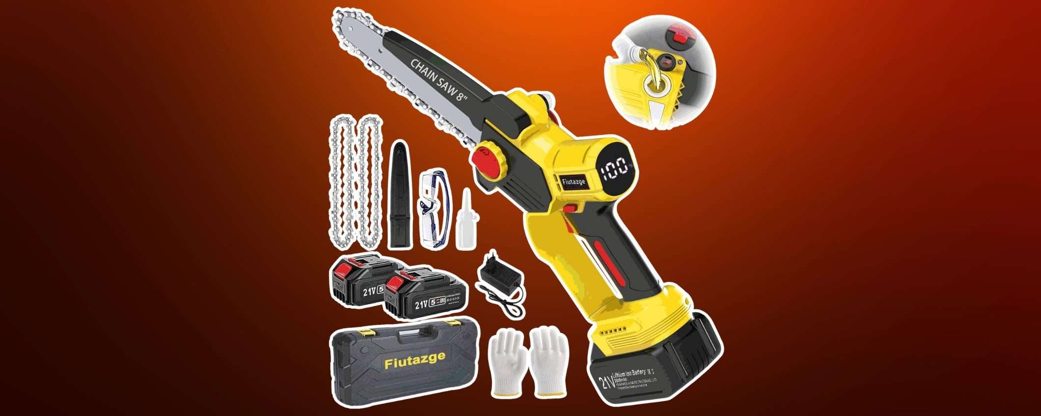 Mini motosega a batteria super accessoriata: solo 59 euro col coupon Amazon Mini motosega a batteria super accessoriata: solo 59 euro col coupon Amazon