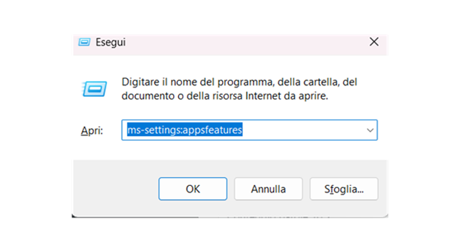 Utilizzare il comando Esegui per accedere alla sezione delle App installate
