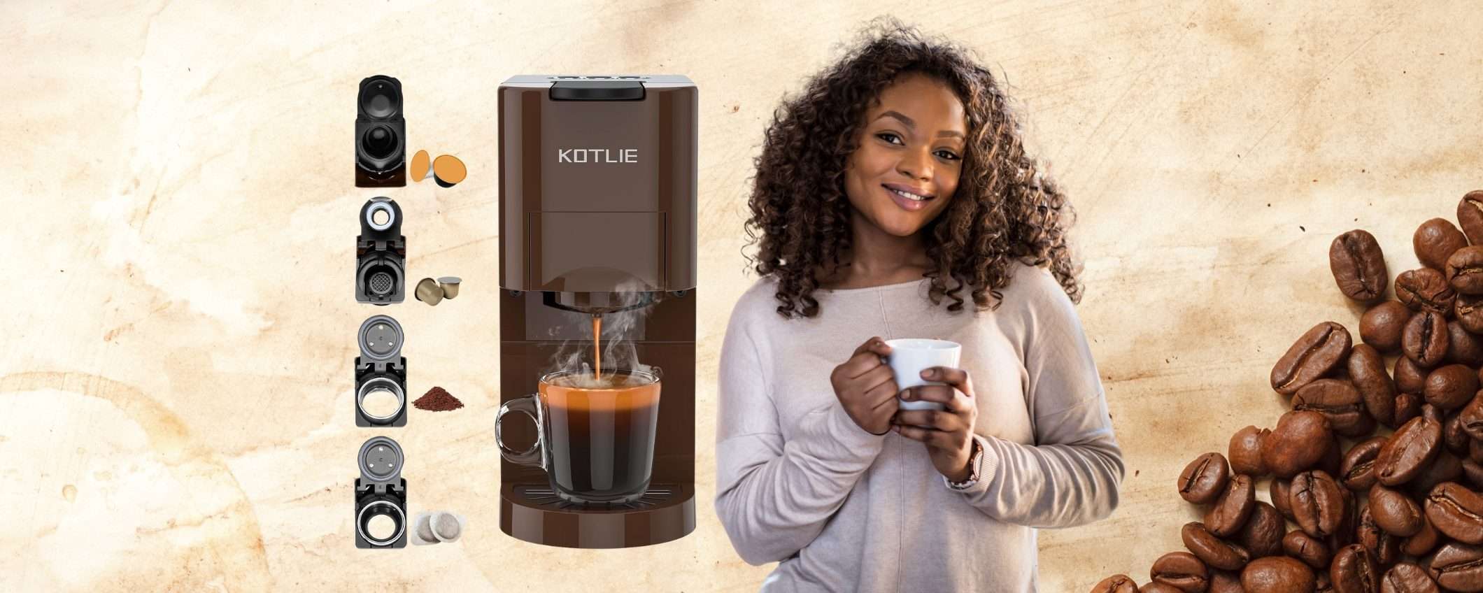 Macchina per espresso 4 in 1: capsule piccole e grandi, cialde e caffè macinato Macchina per espresso 4 in 1: capsule piccole e grandi, cialde e caffè macinato