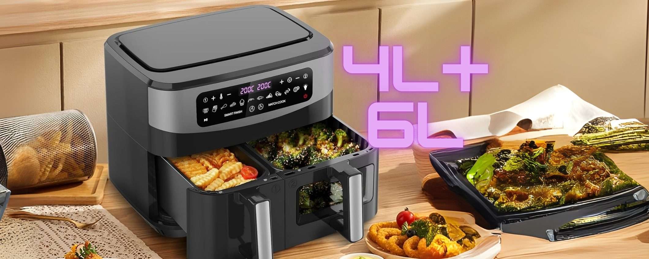 Friggitrice ad aria con doppio cestello e 12 programmi: cottura separata senza grassi Friggitrice ad aria con doppio cestello e 12 programmi: cottura separata senza grassi