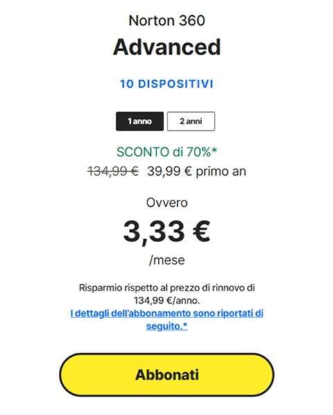 norton 360 advanced offerta