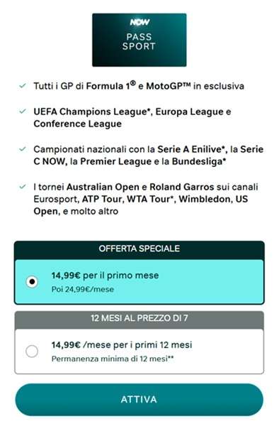 now pass sport offerta