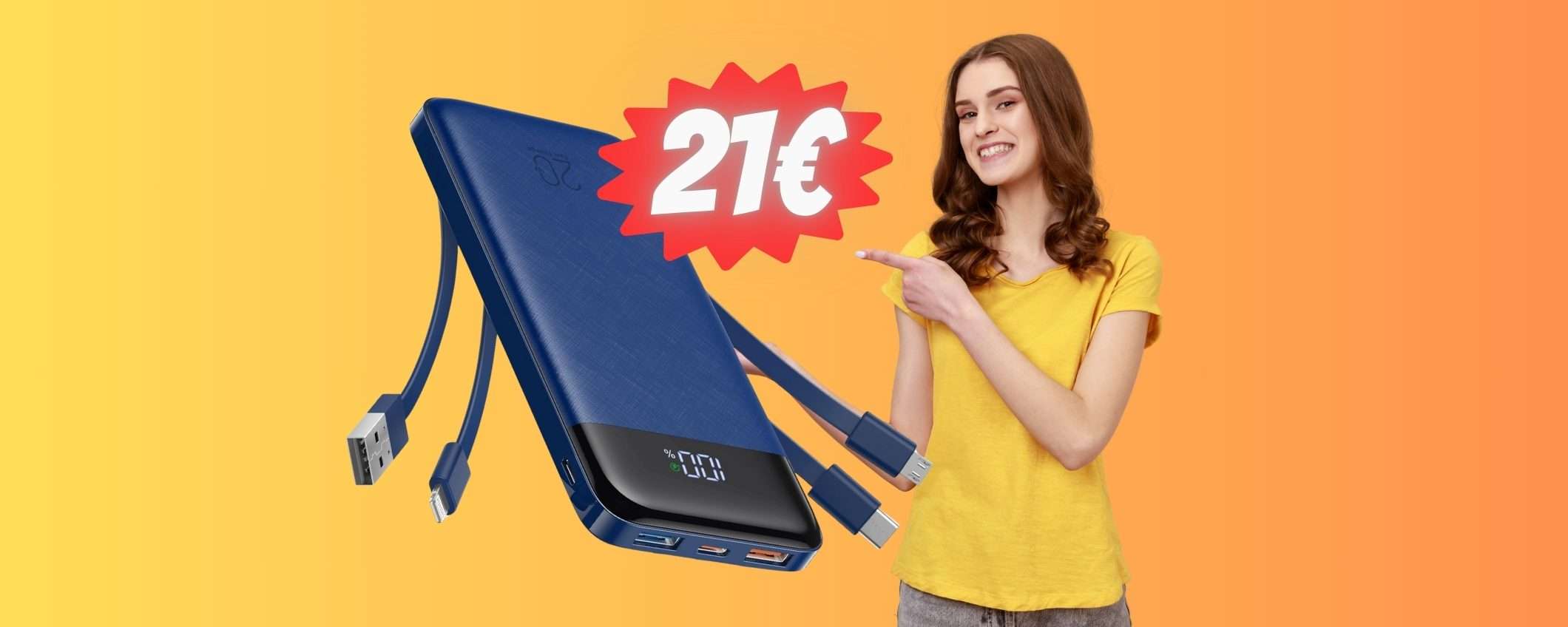 Power Bank da 20000mAh con cavi integrati per non rimanere con la batteria scarica Power Bank da 20000mAh con cavi integrati per non rimanere con la batteria scarica