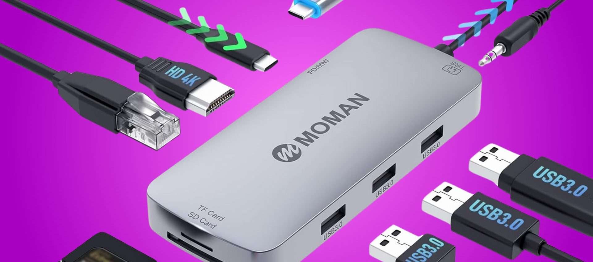 Moman Hub USB C 9 in 1 a 15,60€: docking station compatta con HDMI 4K, 100W e 9 porte a -25%