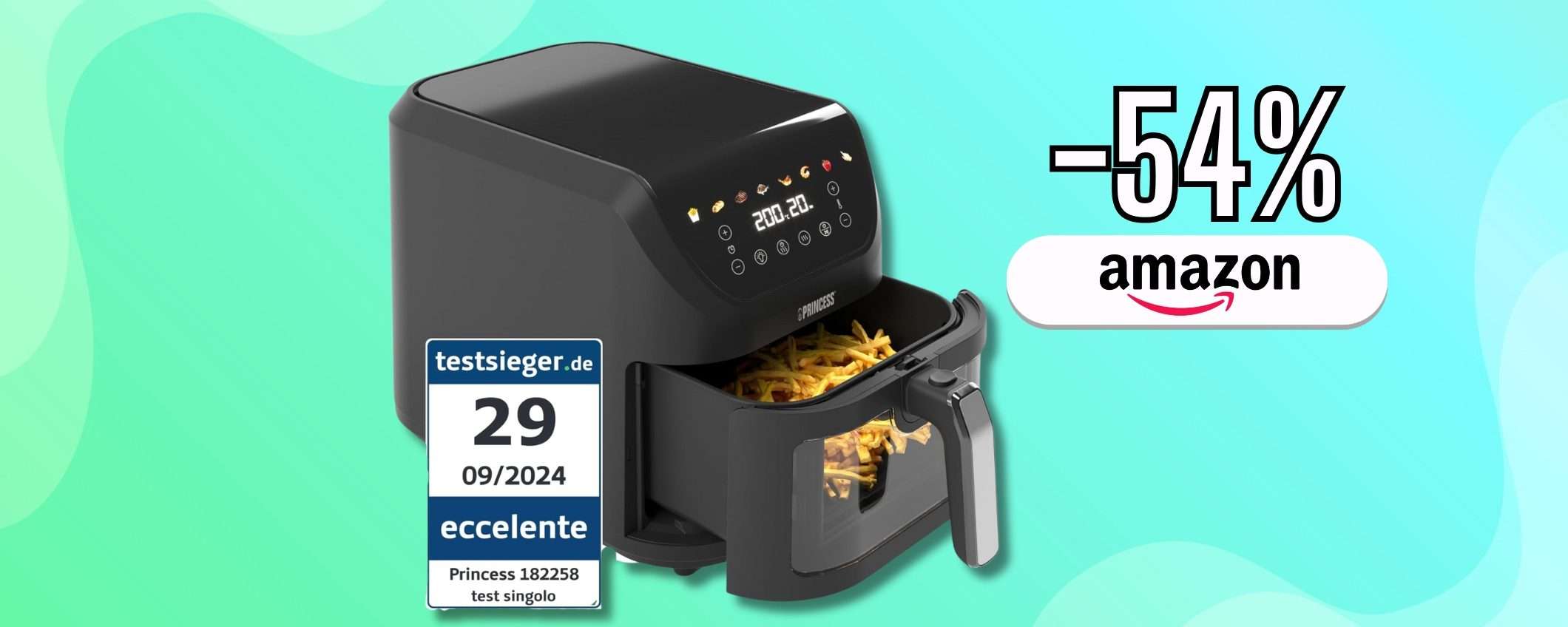 8L di capienza da design salvaspazio per questa Princess Aerofryer (79€)