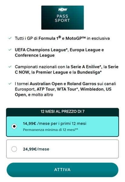 now pass sport offerta