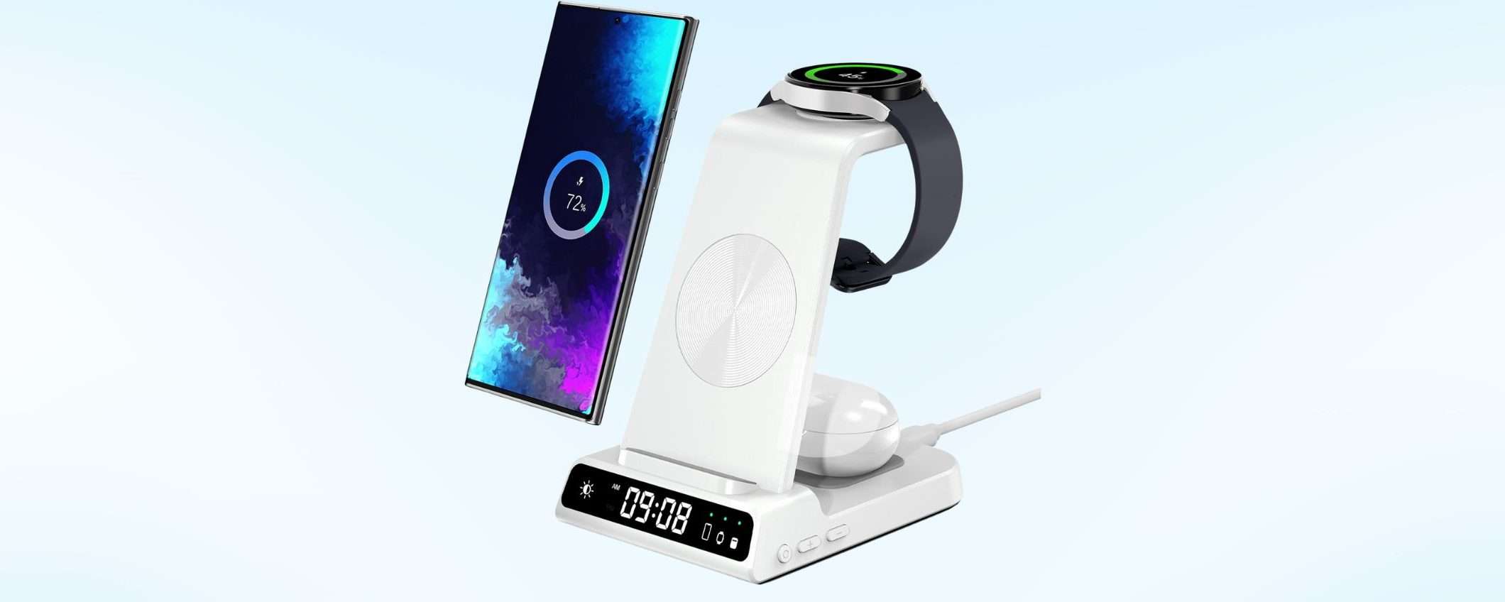 Caricatore wireless universale 3-in-1 per smartphone, auricolari e smartwatch in OFFERTA LAMPO Caricatore wireless universale 3-in-1 per smartphone, auricolari e smartwatch in OFFERTA LAMPO
