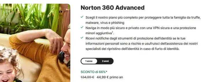 Norton 360 advanced antivirus offerta