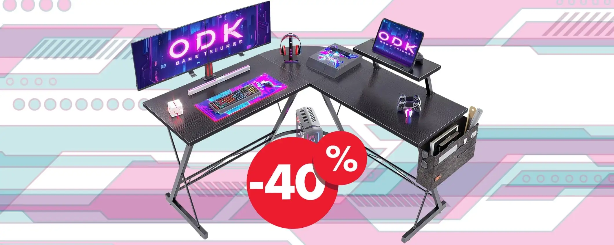 Spettacolare scrivania da Gaming ad angolo con supporto per monitor al 40% Spettacolare scrivania da Gaming ad angolo con supporto per monitor al 40%