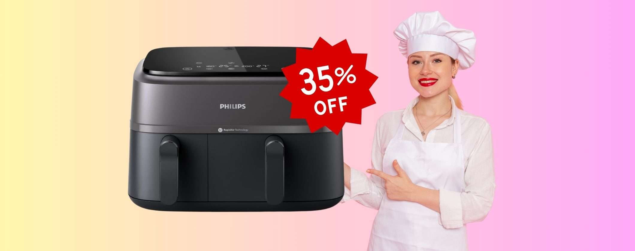 Friggitrice ad aria Philips con doppio cestello da 9L e 13 funzioni in OFFERTA al 35% Friggitrice ad aria Philips con doppio cestello da 9L e 13 funzioni in OFFERTA al 35%