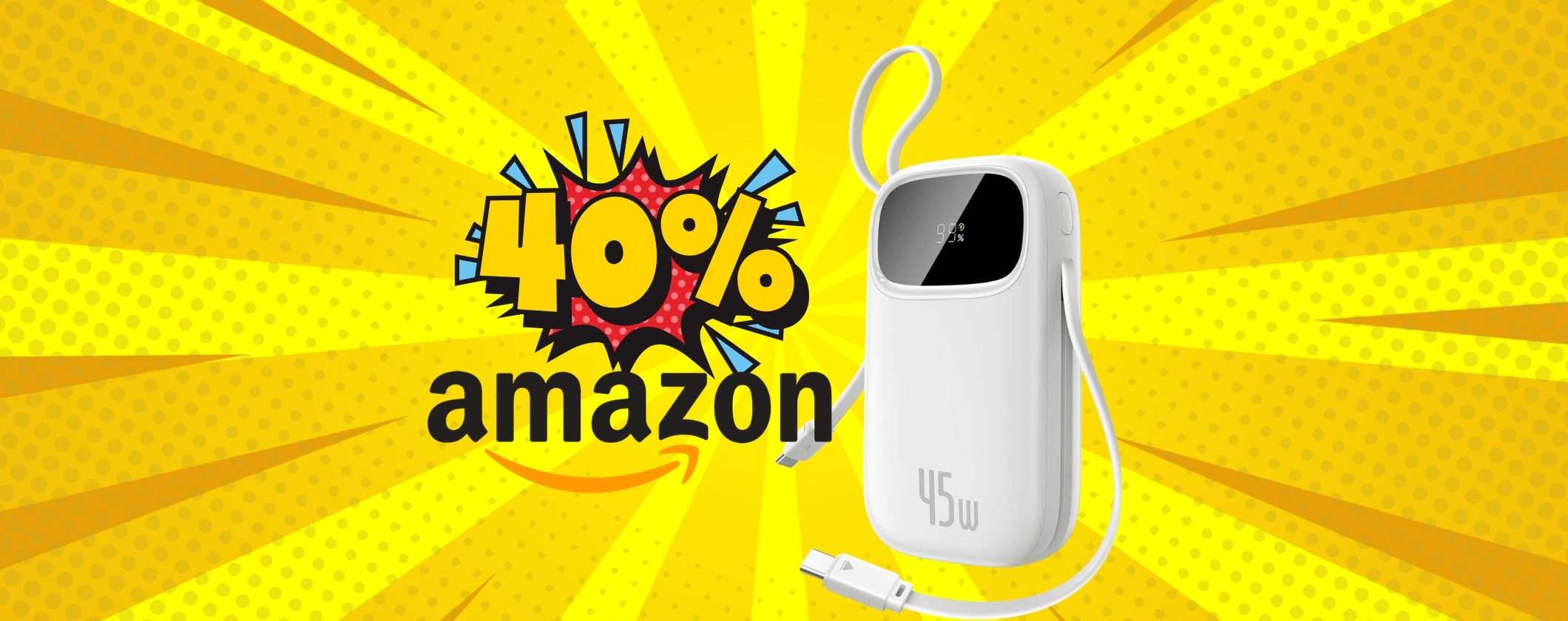 Power Bank Baseus da 45W con capacità da 20000mAh e cavi integrati al 40%