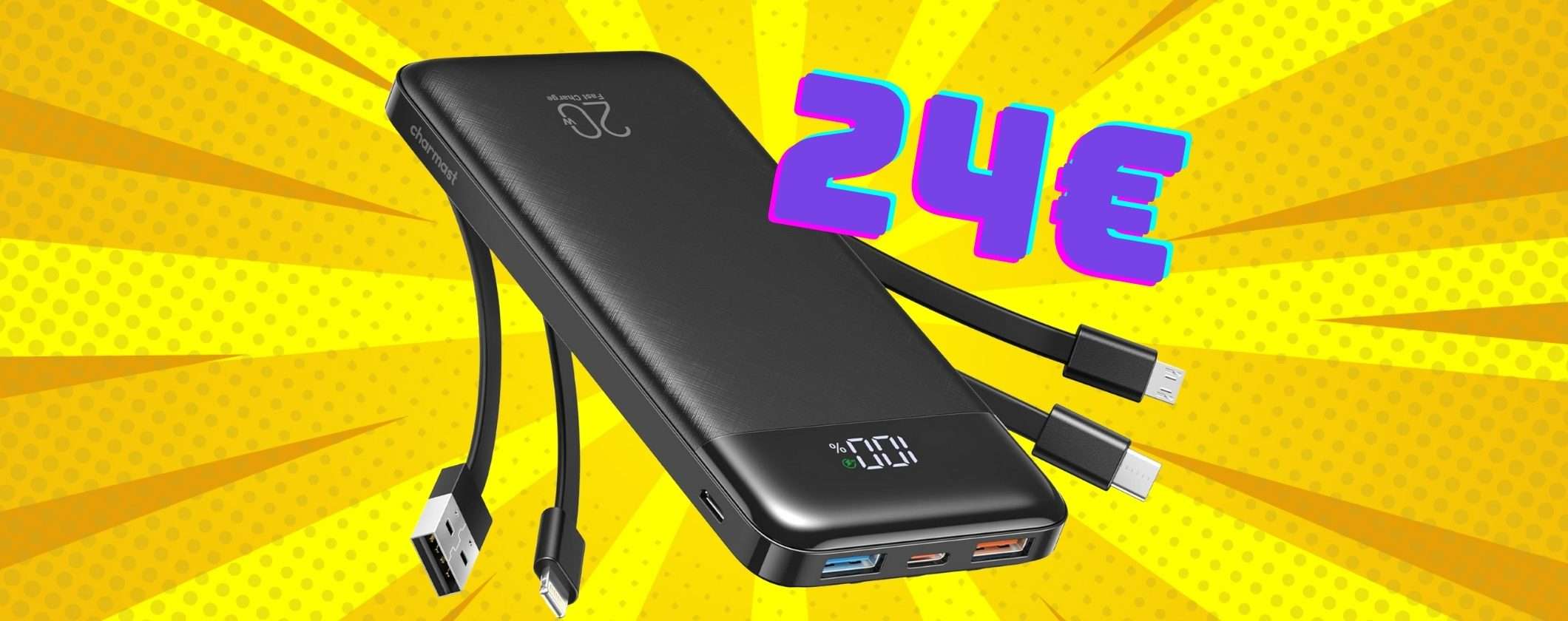 Power Bank da 20000 mAh con 4 cavi integrati a prezzo imperdibile (24€)
