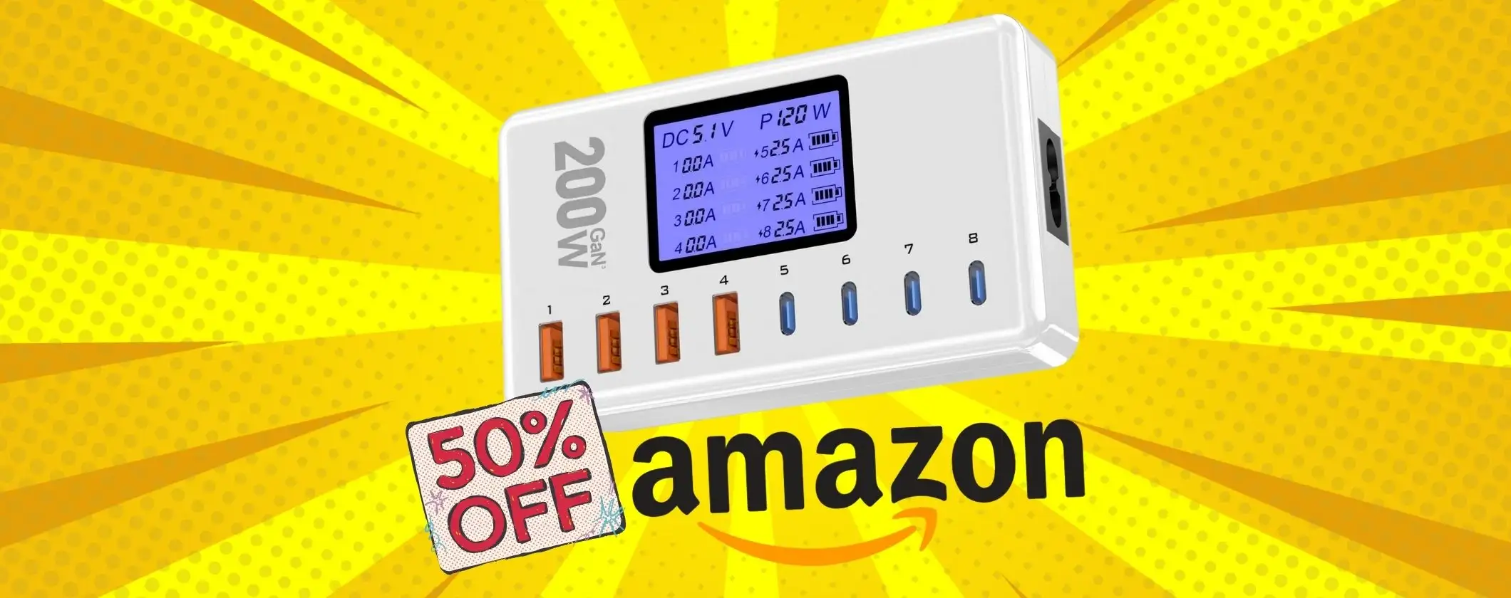 Caricatore USB multiplo da 200W e con 8 porte a metà prezzo
