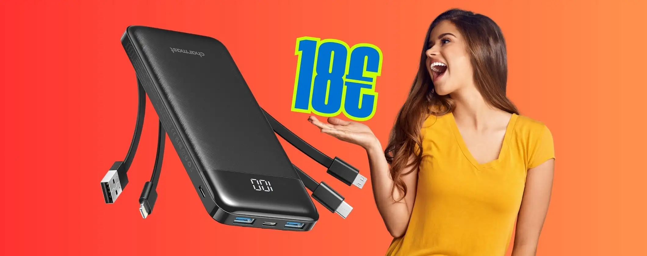 Power Bank con 4 cavi integrati e 2 uscite per ricarica veloce fino a 6 device Power Bank con 4 cavi integrati e 2 uscite per ricarica veloce fino a 6 device
