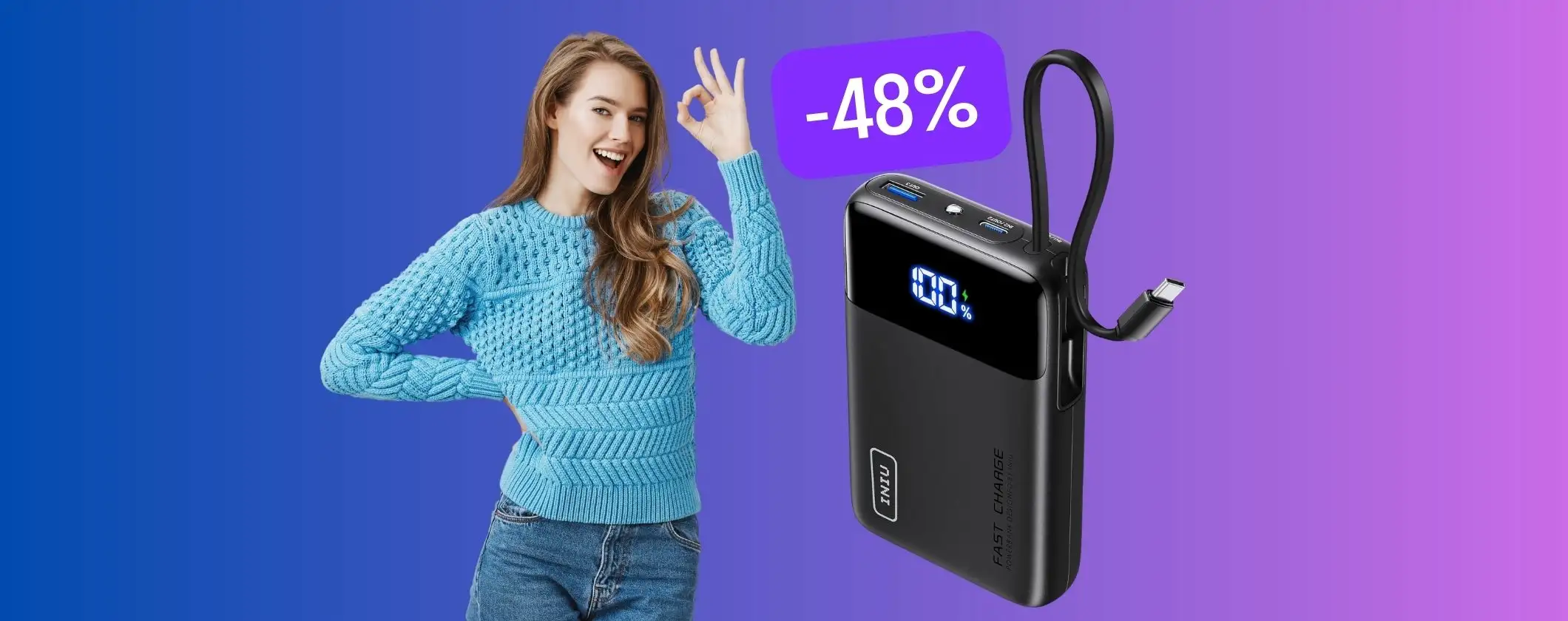 Power Bank da 45W e 20000mAh con cavo integrato in sconto del 48%